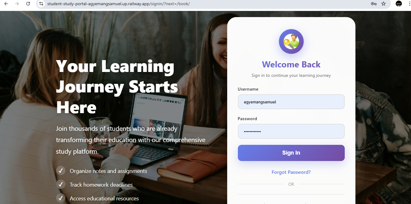 Student Study Portal Screenshot